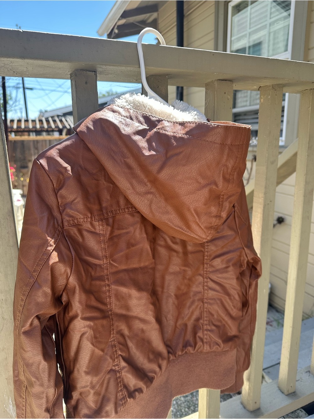 Women’s Brown Faux Leather Hooded Jacket with Sherpa Lining - Picture 5 of 7